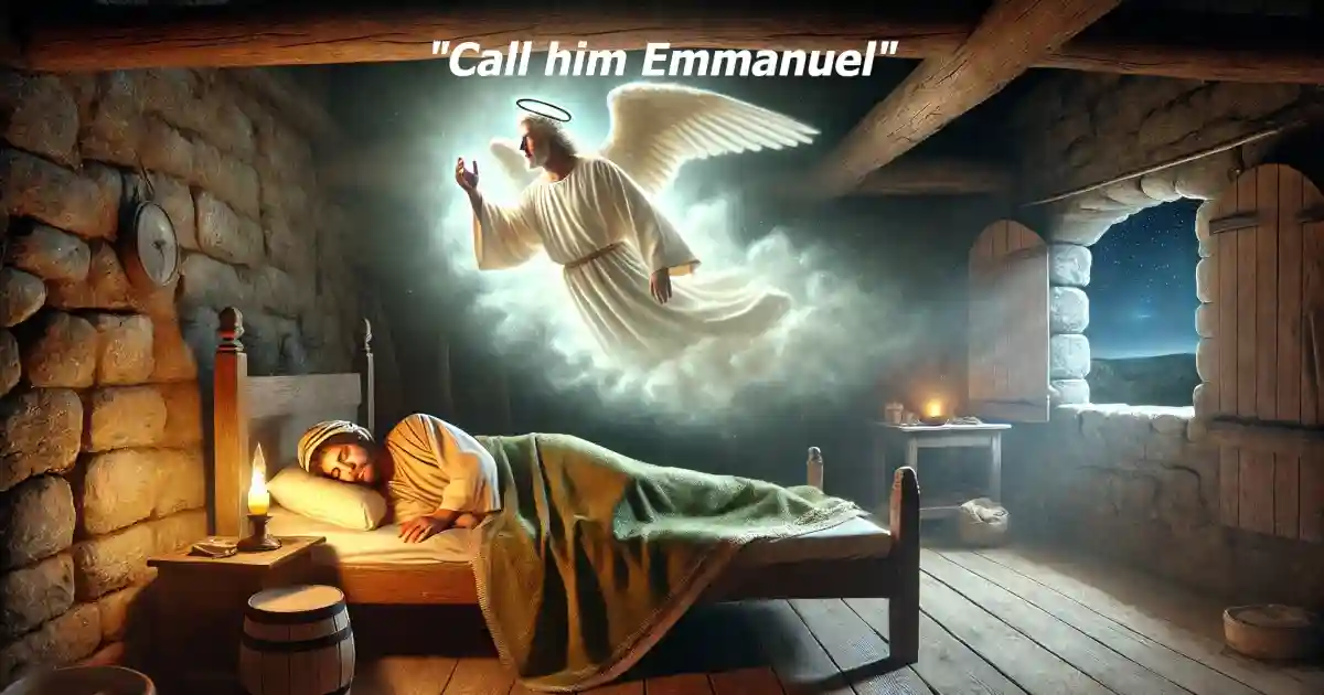 Angel instructs Joseph to call Jesus as Emmanuel in a dream image by DALL-E